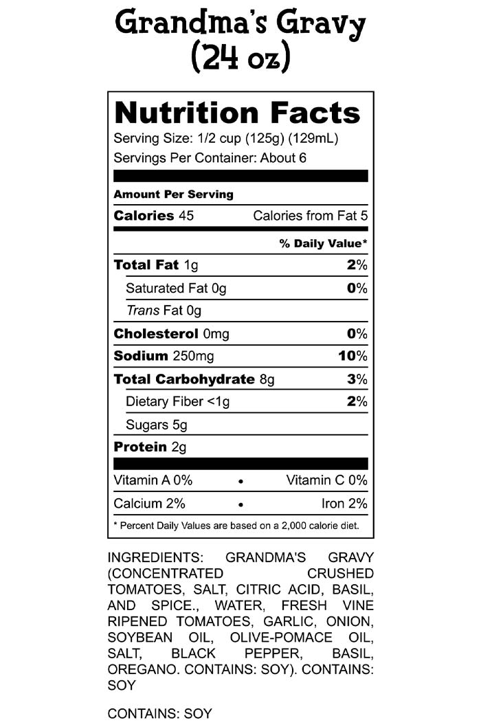Grandmas Gravy Red Sauce Nutrition Facts