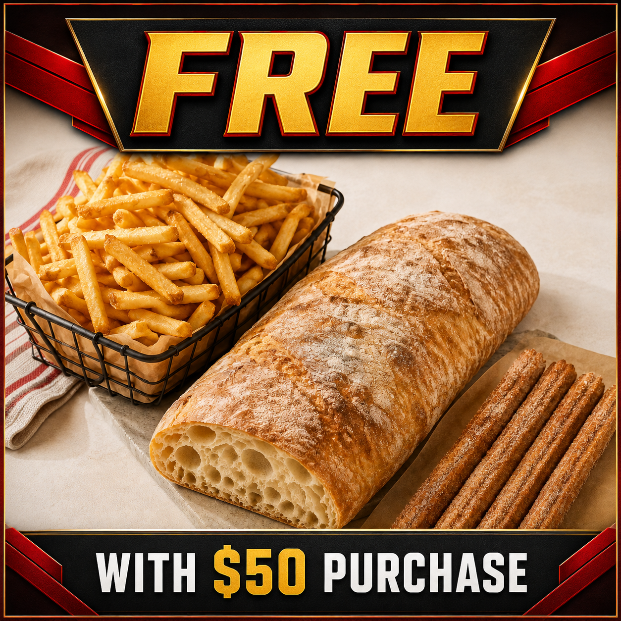Free w/$50 Purchase! Fries, Churros & Sourdough Bundle