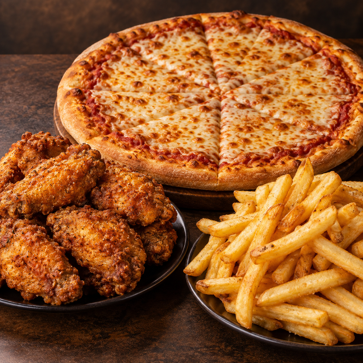 Breaded chicken wings, cheese pizza, and French fries bundle